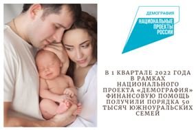 В 1 квартале 2022 года в рамках национального проекта «Демография» финансовую помощь получили порядка 50 тысяч южноуральских семей